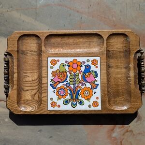 Vintage Wooden Serving Tray with Colorful Bird Design